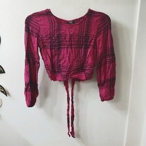 Wild Fable Dark Pink and Black Plaid Long Sleeve Crop Top with Tie Waist